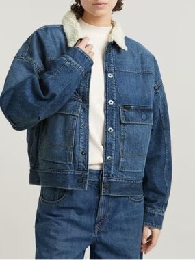 Denim Sherpa Collar Jacket in Medium Blue